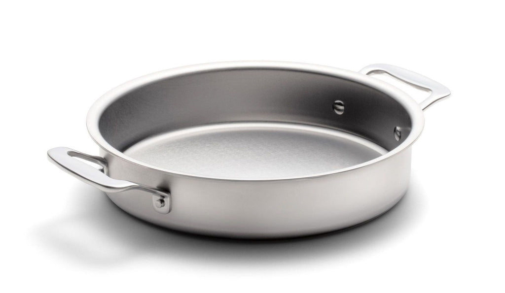360 Cookware and bakeware. T-304 Surgical Grade Stainless Steel Handcrafted in the U.S.A. High quality cookware. 9 inch round cake pan with handles. Made in USA. No coating.