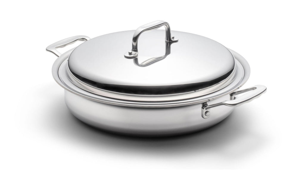 360 Cookware. T-304 Surgical Grade Stainless Steel Handcrafted in the U.S.A. High quality cookware. 3.5 quart sauce pan with short handles and lid. Made in USA.