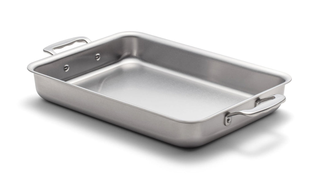 360 Cookware and bakeware. T-304 Surgical Grade Stainless Steel Handcrafted in the U.S.A. High quality cookware. 9 x 13 inch bake and roast pan with handles. Made in USA. No coating.