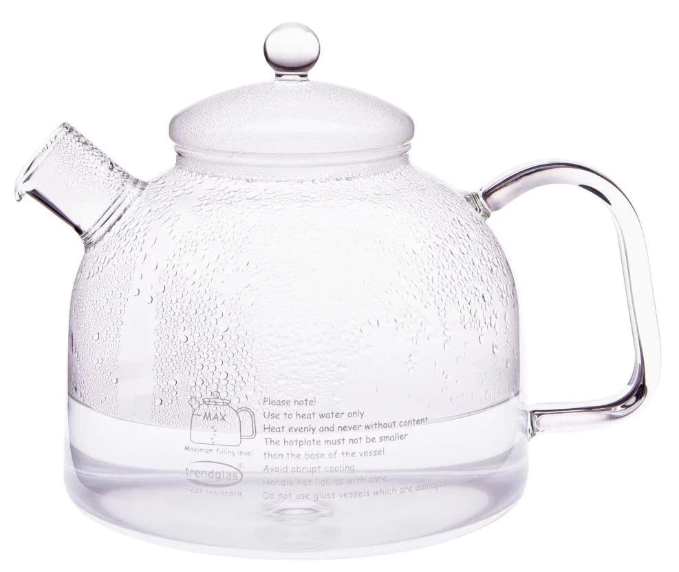 Trendglas JENA German Glass 7 cup Classic Kettle with glass infuser. Heat-resistant German made Borosilicate glass. No heavy metals or other toxic substances and Lead free. Glass Infuser included.       
