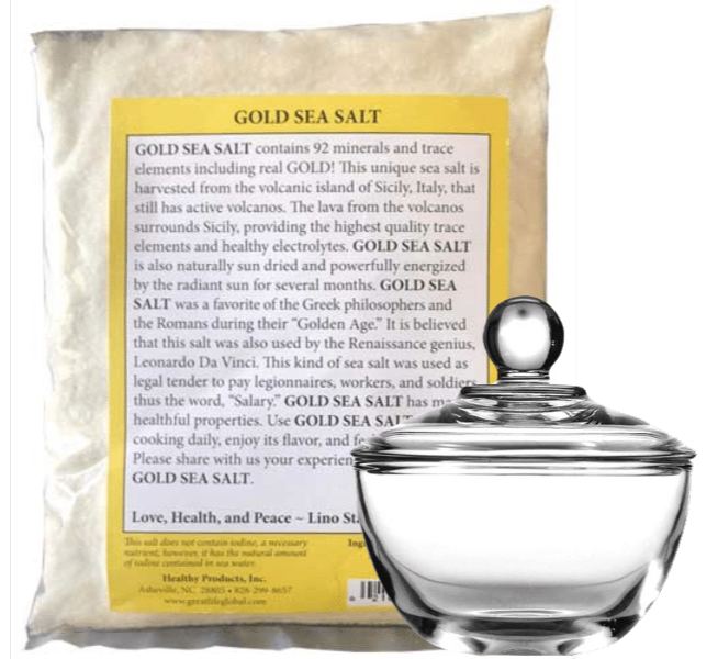 Gold Sea Salt with USA Made Glass Sea Salt Bowl with Glass Lid.      