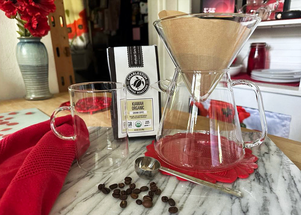 Brew the Perfect Cup of Kiawah Organic Coffee in Trendglas German Glass Coffee Maker