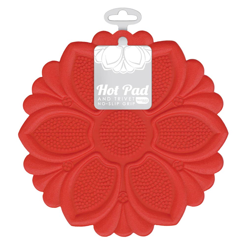 Red hot pad with floral design on a white background