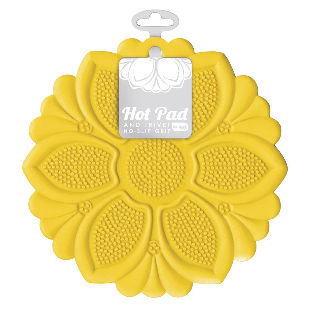 Yellow floral hot pad with a label on a white background