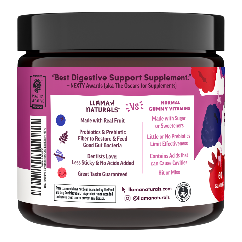 Llama Naturals Prebiotic & Probiotic Gummies - Fiber to Restore and Feed Good Gut Bacteria Made with Real Fruit Mixed Berry 60 Count at Natural Lifestyle Market