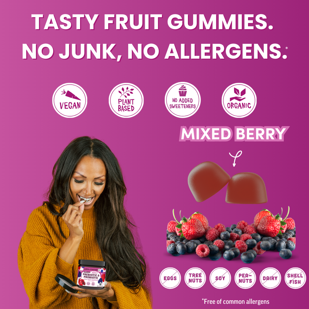 Llama Naturals Prebiotic & Probiotic Organic, Vegan Real Fruit Gummies are a tasty way to feed a healthy gut. Buy at Natural Lifestyle Market