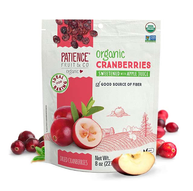 Patience Fruit & Co. Organic Dried Cranberries Sweetened with Fruit Juice.    