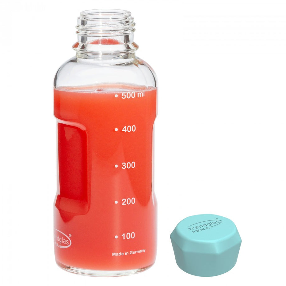 German Glass Water Bottle 16 oz with Blue Cap – Natural Lifestyle Organic  Shoppers' Market