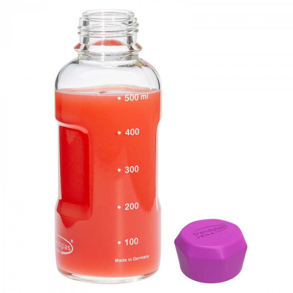 Trendglas JENA German Glass water bottle with purple lid Heat-resistant German made Borosilicate glass. No heavy metals or other toxic substances and Lead free.          