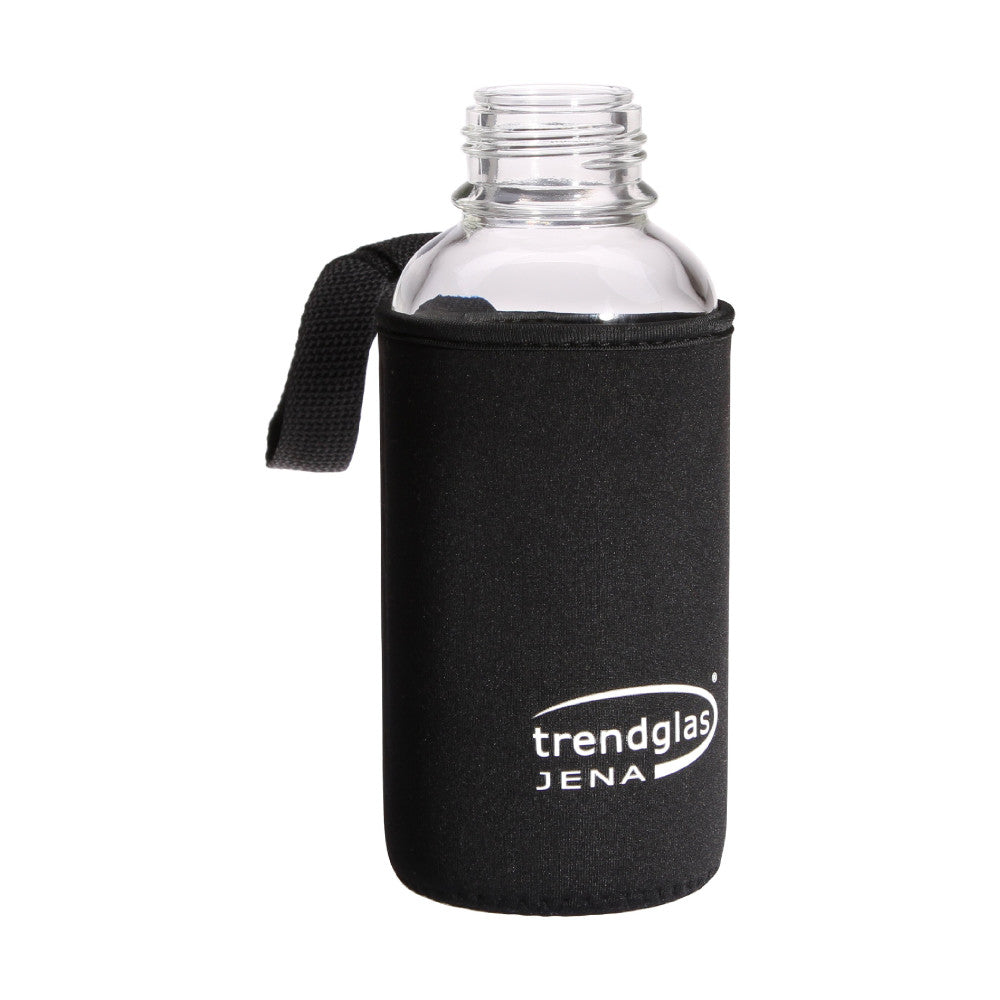 Trendglas Jena German Glass Water Bottle 16 oz Black Cover.    