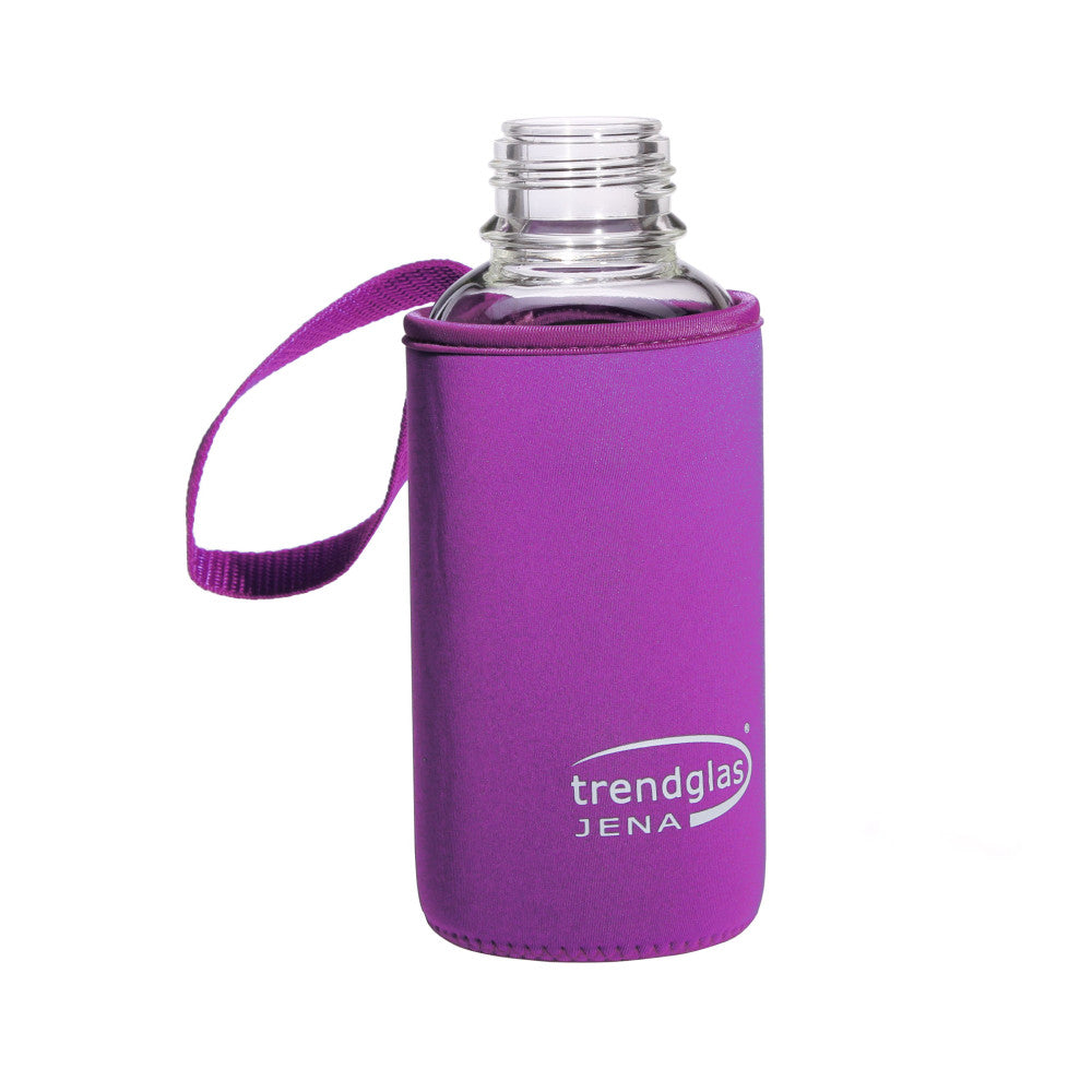 Trendglas Jena German Glass Water Bottle 16 oz Purple Cover.  
