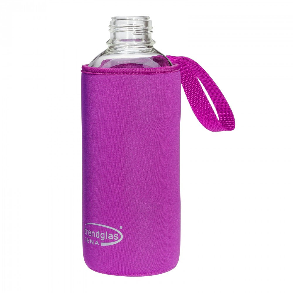 German Glass Water Bottle 33 oz Purple Cover