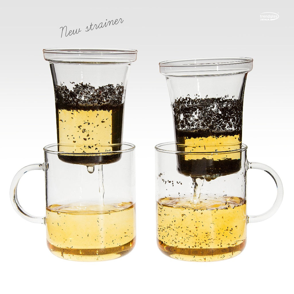 Trendglas Jena Premium German Glass Infuser Laser Perforated. Elevate your tea experience with our German Glass Premium Infuser. The precisely positioned and effective little holes in the strainer enable you to use much less leaves and you can avoid the tiny, floating tea leaves.