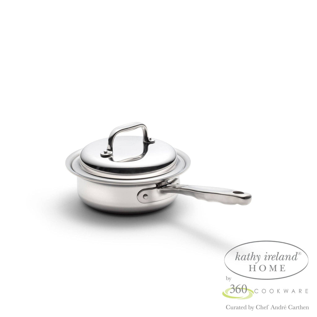 360 Cookware. T-304 Surgical Grade Stainless Steel Handcrafted in the U.S.A. High quality cookware. 1 quart saucepan with cover.  Made in USA. Vapor cooking.