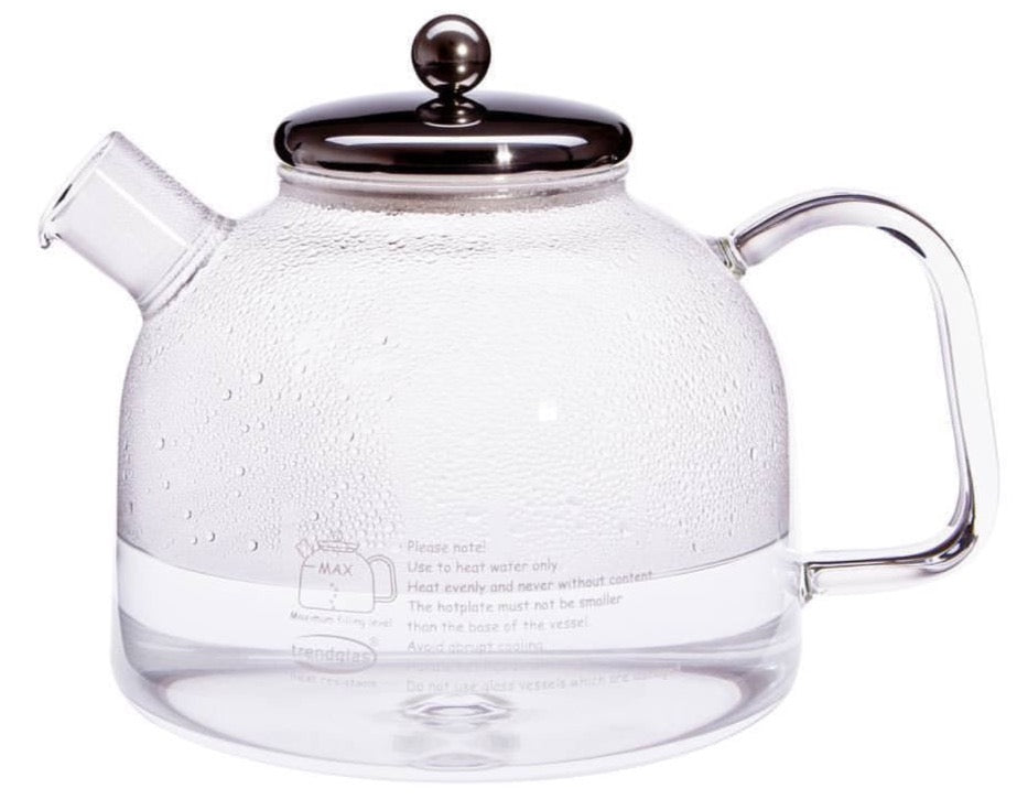 Trendglas JENA German Glass 7 cup Classic Kettle with stainless steel lid. Heat-resistant German made Borosilicate glass. No heavy metals or other toxic substances and Lead free.