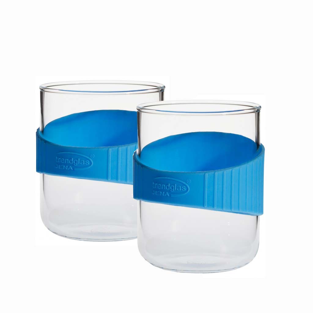 Trendglas JENA German Glass Mug with blue silicone band. Heat-resistant German made Borosilicate glass. No heavy metals or other toxic substances and Lead free.