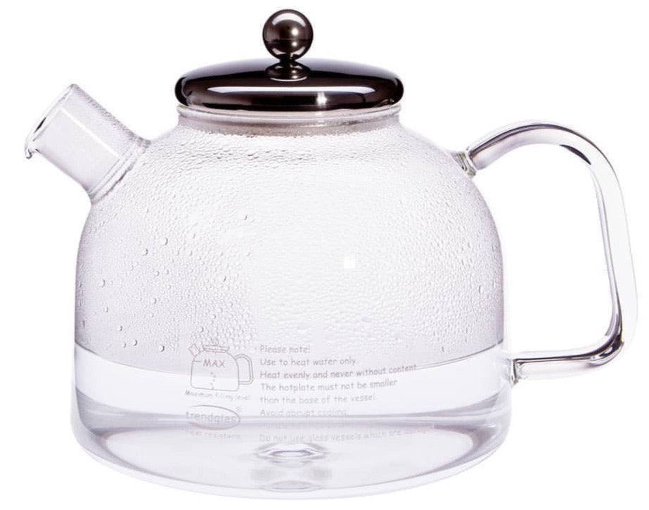 Trendglas JENA German Glass 7 cup Classic Kettle with stainless steel lid and glass infuser. Heat-resistant German made Borosilicate glass. No heavy metals or other toxic substances and Lead free.            