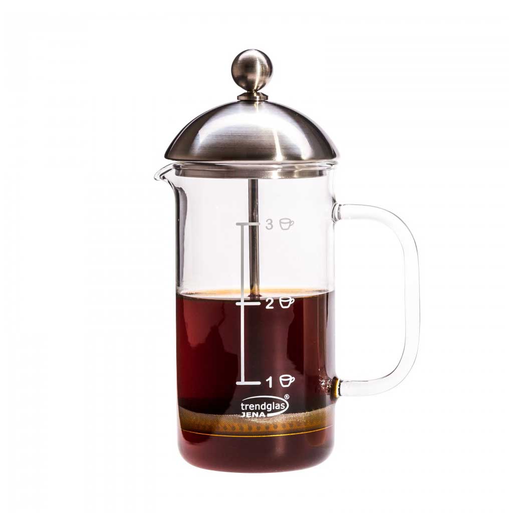 Trendglas JENA German Glass 3 cup French Coffee Press. Heat-resistant German made Borosilicate glass. No heavy metals or other toxic substances and Lead free. Great for Coffee and Tea.                                  