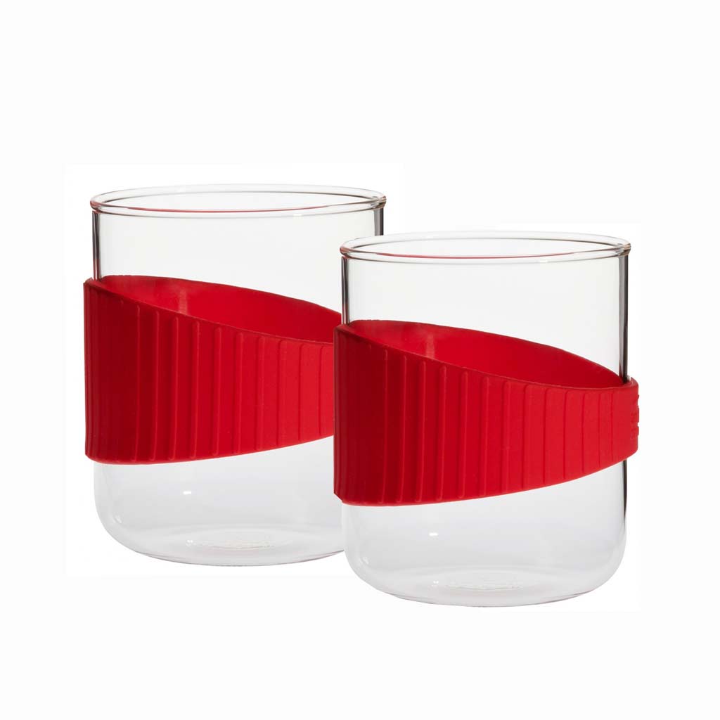 Trendglas JENA German Glass Mug with Red Silicone Band. Heat-resistant German made Borosilicate glass. No heavy metals or other toxic substances and Lead free. Set of 2.           